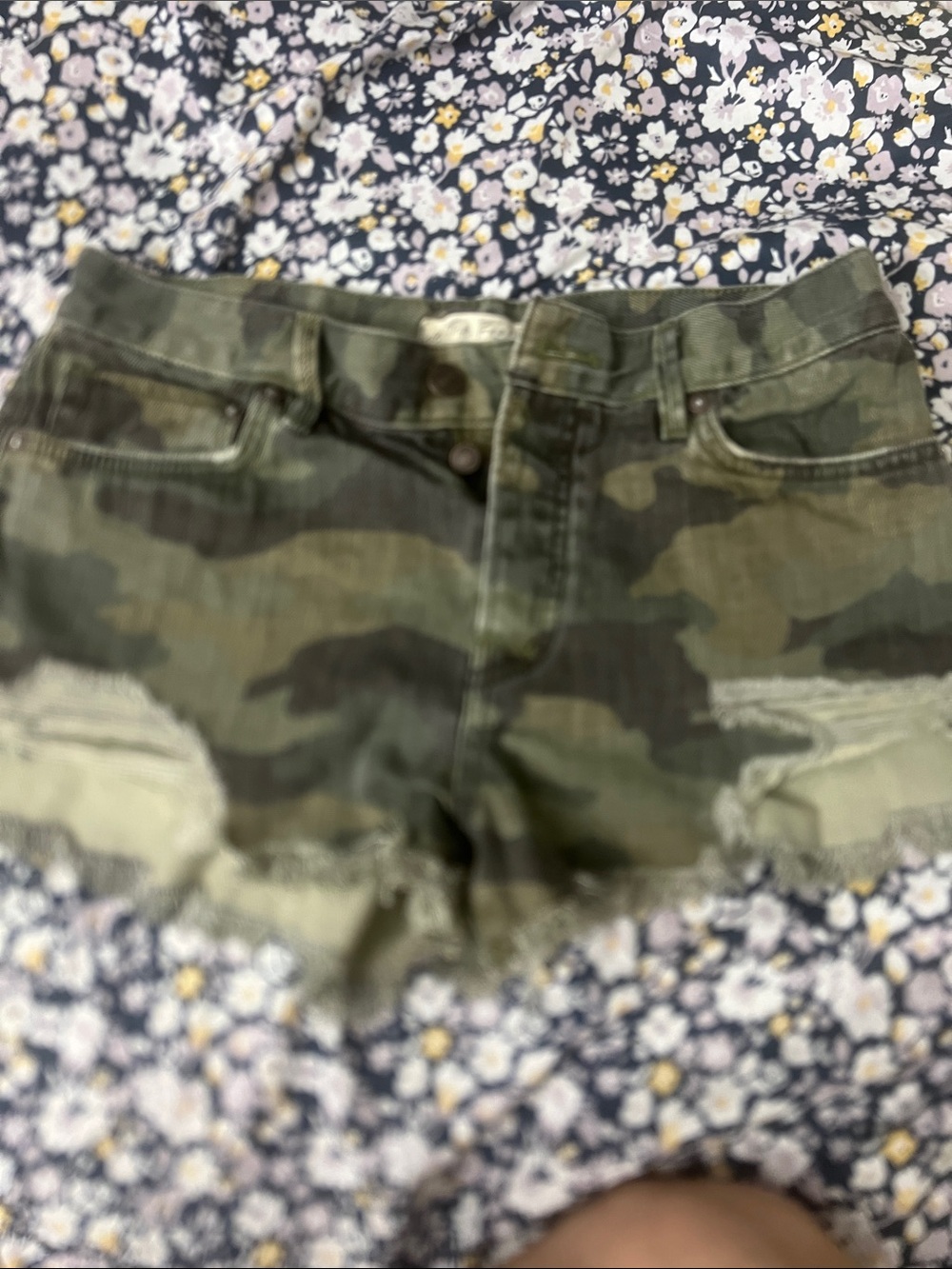 We The Free Camo Distressed Jean Shorts - Olive Green